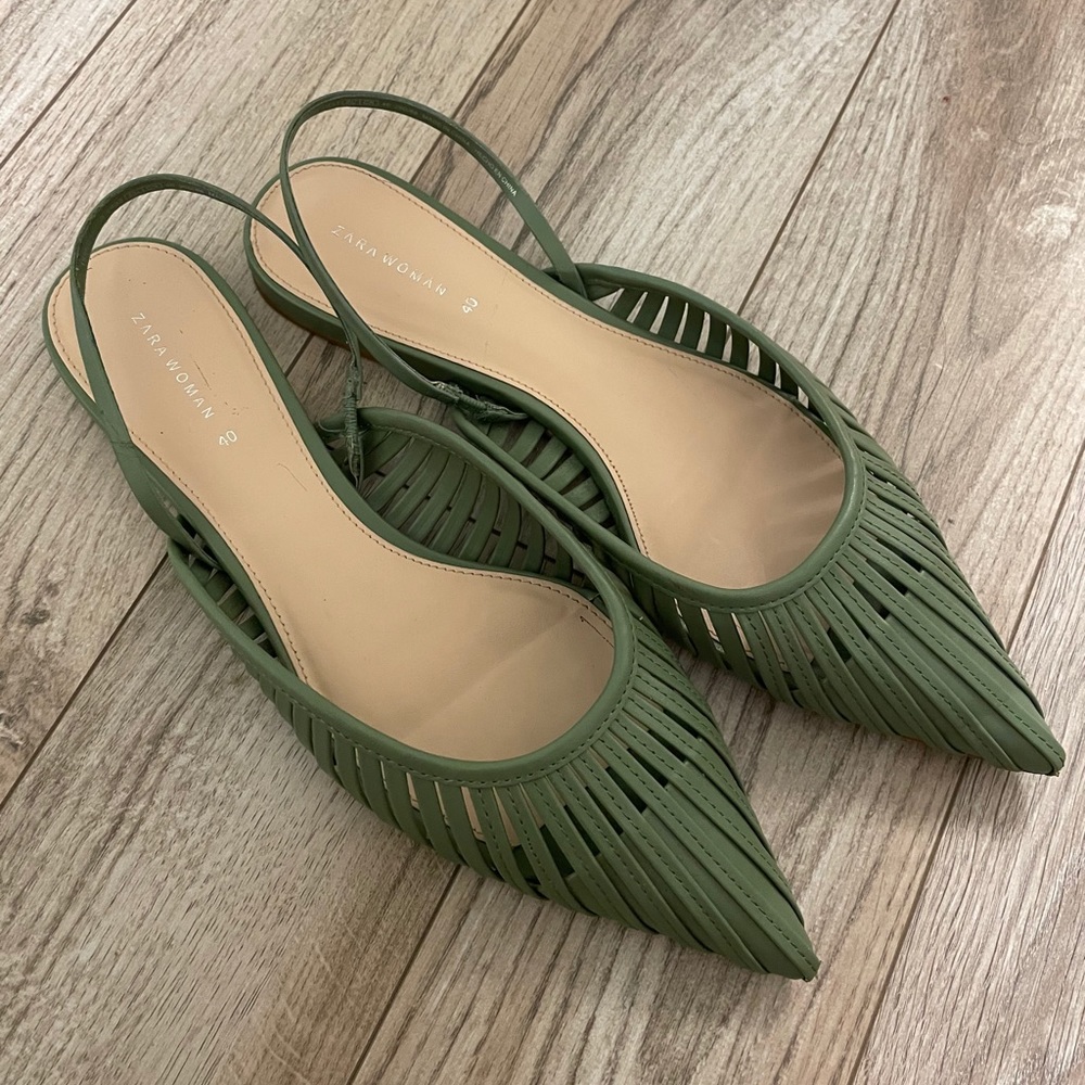 Zara Flats Strappy Pointy Toe Green 40 Slingback